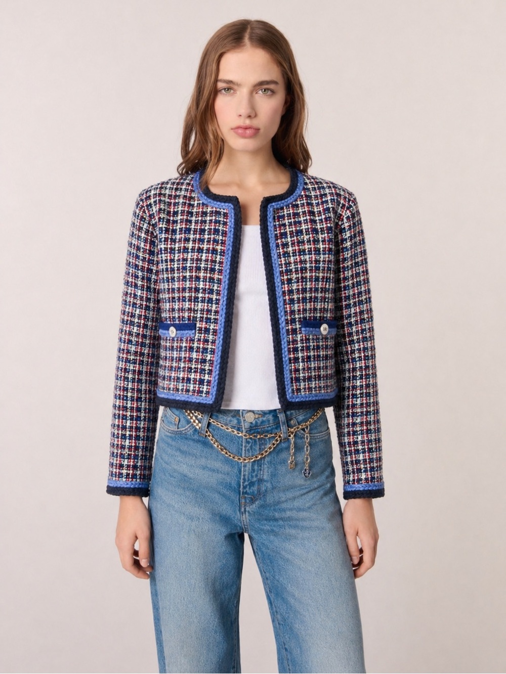 E-LAND Tweed Plaid Cropped Jacket Blue Red White Size 170/92A (US M)